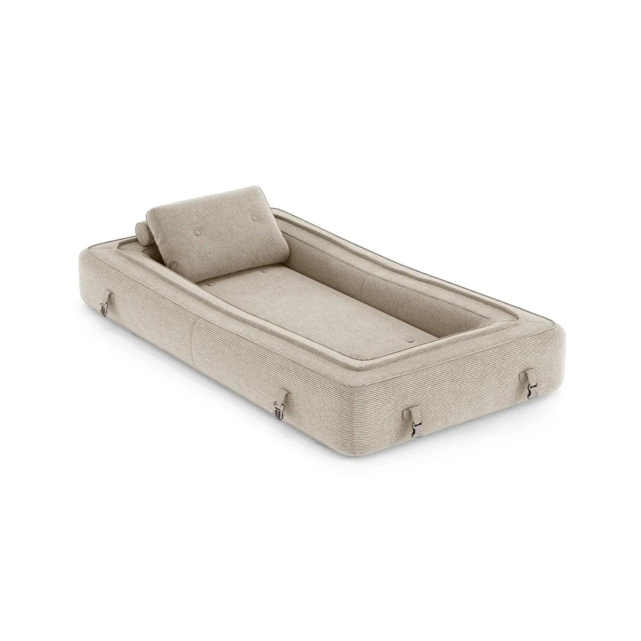 Flippo Sofa Bed in Cream White color – soft neutral tone, cozy corduroy fabric, minimalist design, folds out into a bed, modern compact sofa